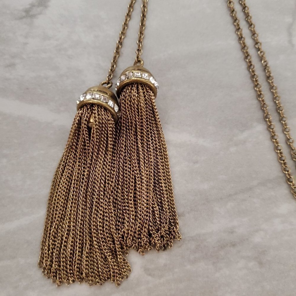 ✨ NEW J.Crew Double Tassel Rhinestones Crystal Pave Pendant Necklace ✨ - Picture 2 of 7